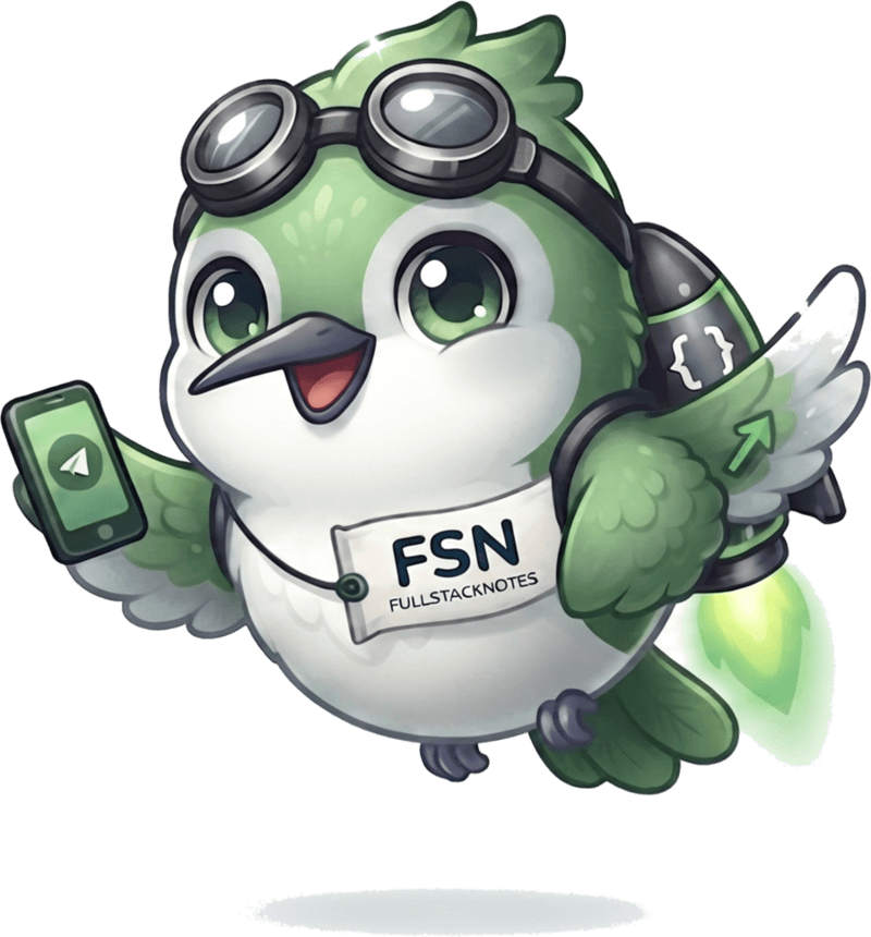 FullstackNotes mascot: a green bird with goggles and a jetpack