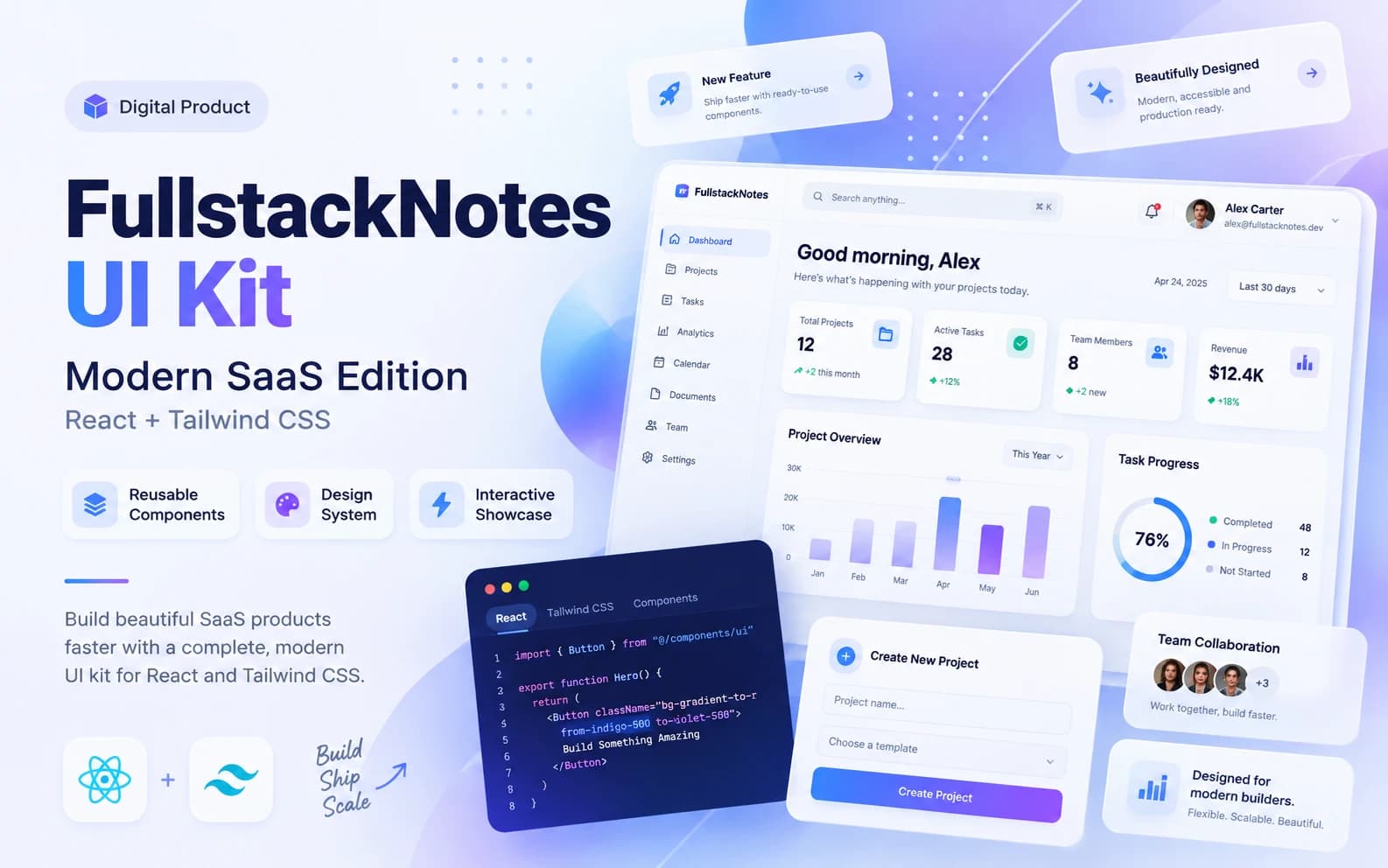 FullstackNotes UI Kit — Modern SaaS React + Tailwind CSS